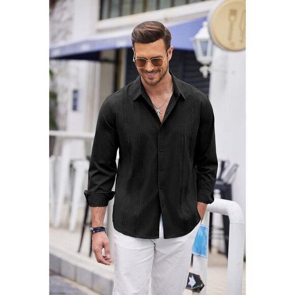 ❤️Mens Black Cuban Shirt Casual Button Down  Long Sleeve Beach Linen Shirts - Picture 4 of 7
